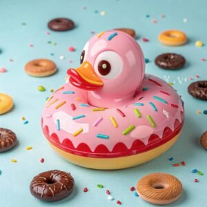 Donut-themed rubber duck with a pink glaze and colorful sprinkles, set on a light blue background surrounded by donuts and candy.