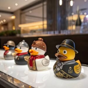 Set of rubber ducks dressed as police officers, firefighters, and other unique uniformed characters, displayed on a sleek surface.