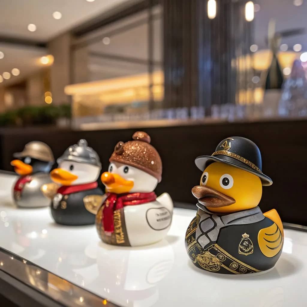 Set of rubber ducks dressed as police officers, firefighters, and other unique uniformed characters, displayed on a sleek surface.