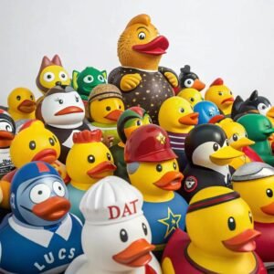 A large collection of rubber ducks in various outfits, including sports, animal costumes, and unique designs, showcasing a fun and diverse set.