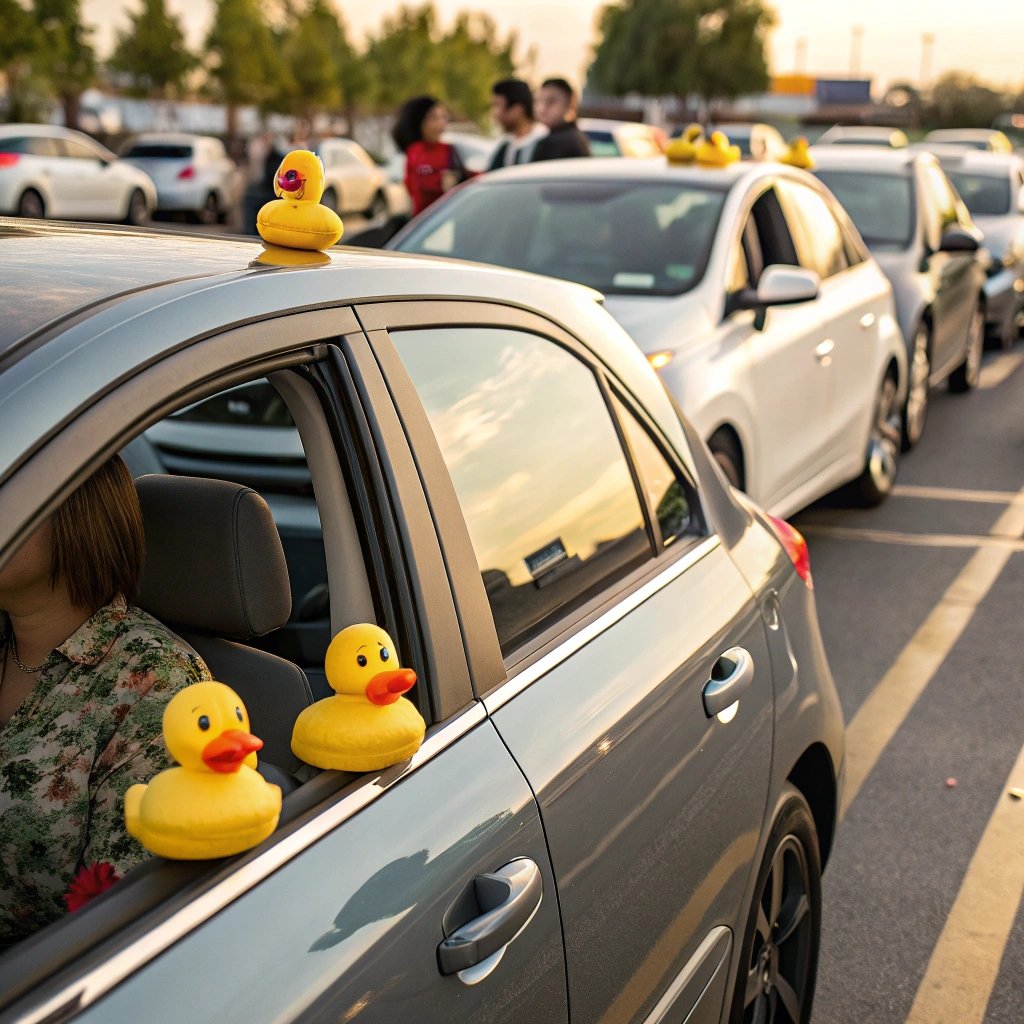 Cars decorated with yellow rubber ducks