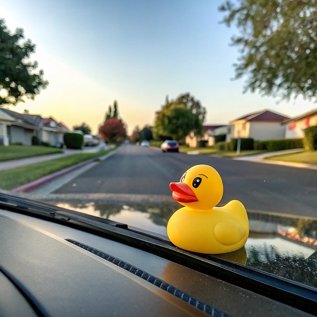 Yellow rubber duck on car dashboard
