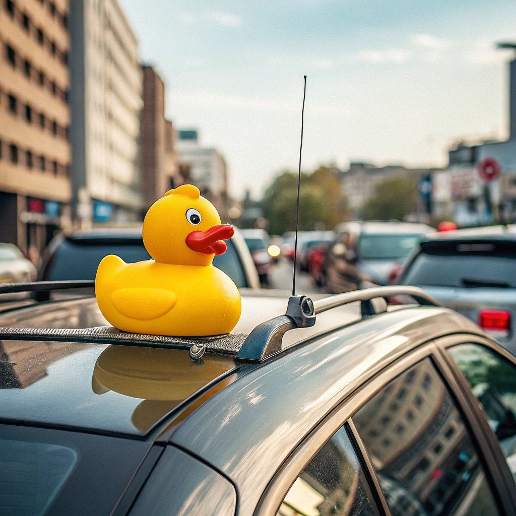 Large yellow rubber duck on car roof