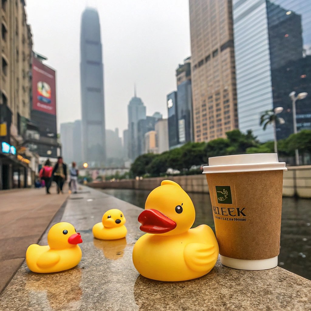 Yellow rubber ducks and coffee cup in cityscape