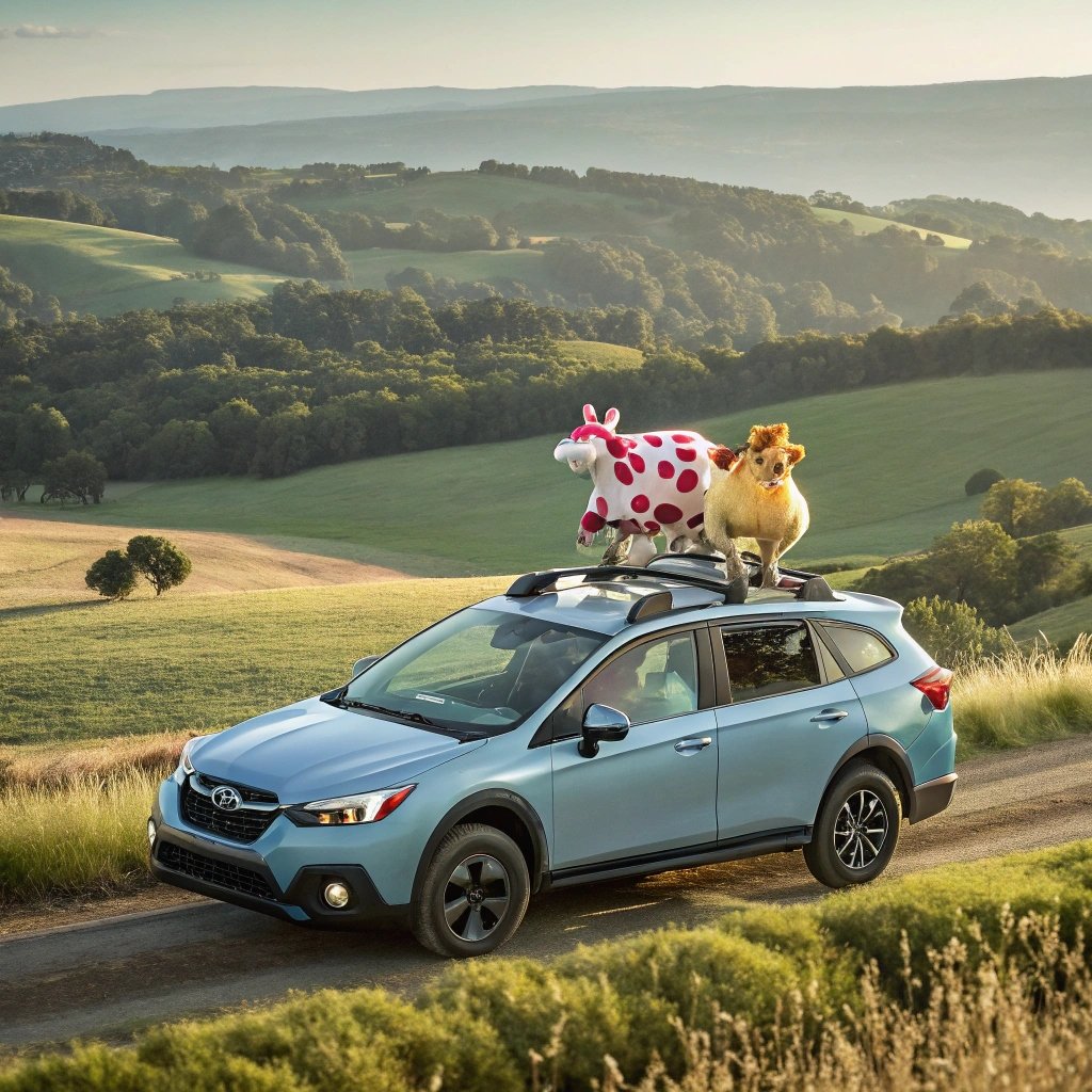 Stuffed cows on car roof in countryside