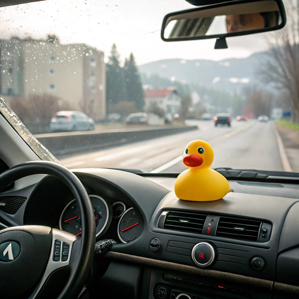 Yellow rubber duck sitting on car dashboard