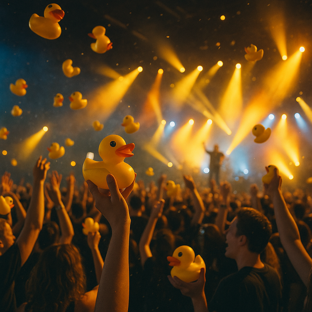 Why are rubber ducks used as concert promotional items?