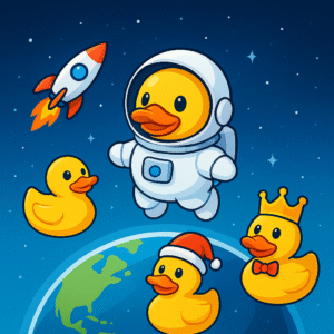 Illustration of cute rubber ducks in space, featuring an astronaut duck floating above Earth, a rocket, a Santa hat duck, a crown-wearing duck with bow tie, and a classic yellow duck.