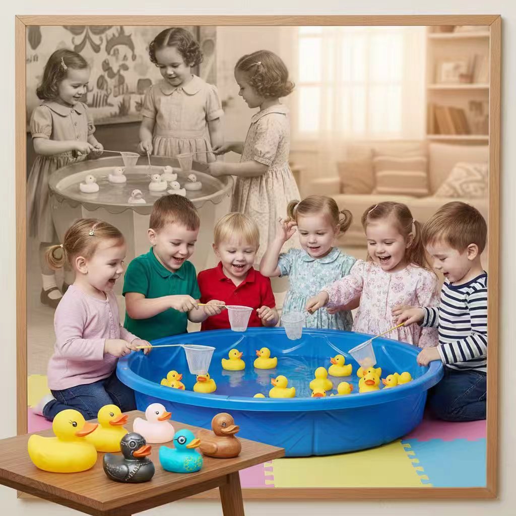 vintage-frame.jpg Children joyfully playing a rubber duck fishing game around a blue pool, with a nostalgic vintage photo of kids playing with ducks in the background.