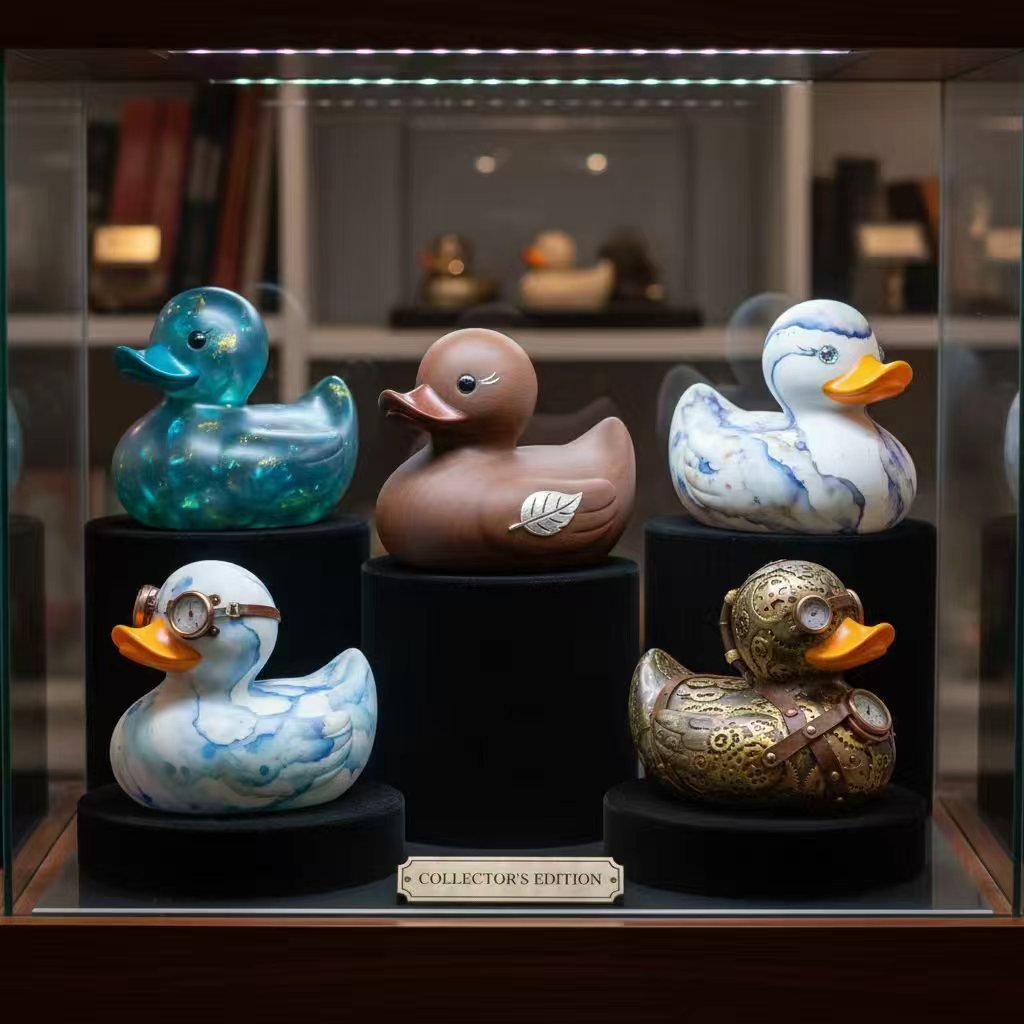 A display case featuring five luxury collector’s edition rubber ducks with unique artistic designs, including marble, metallic, wooden, and steampunk styles, arranged on black stands under soft lighting.