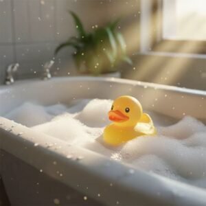 A classic yellow rubber duck floating in a bubble bath, surrounded by foam with warm sunlight streaming through a nearby window.