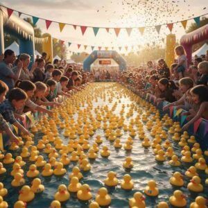 A large crowd cheering as hundreds of yellow rubber ducks race down a water lane during a fun outdoor duck race event.