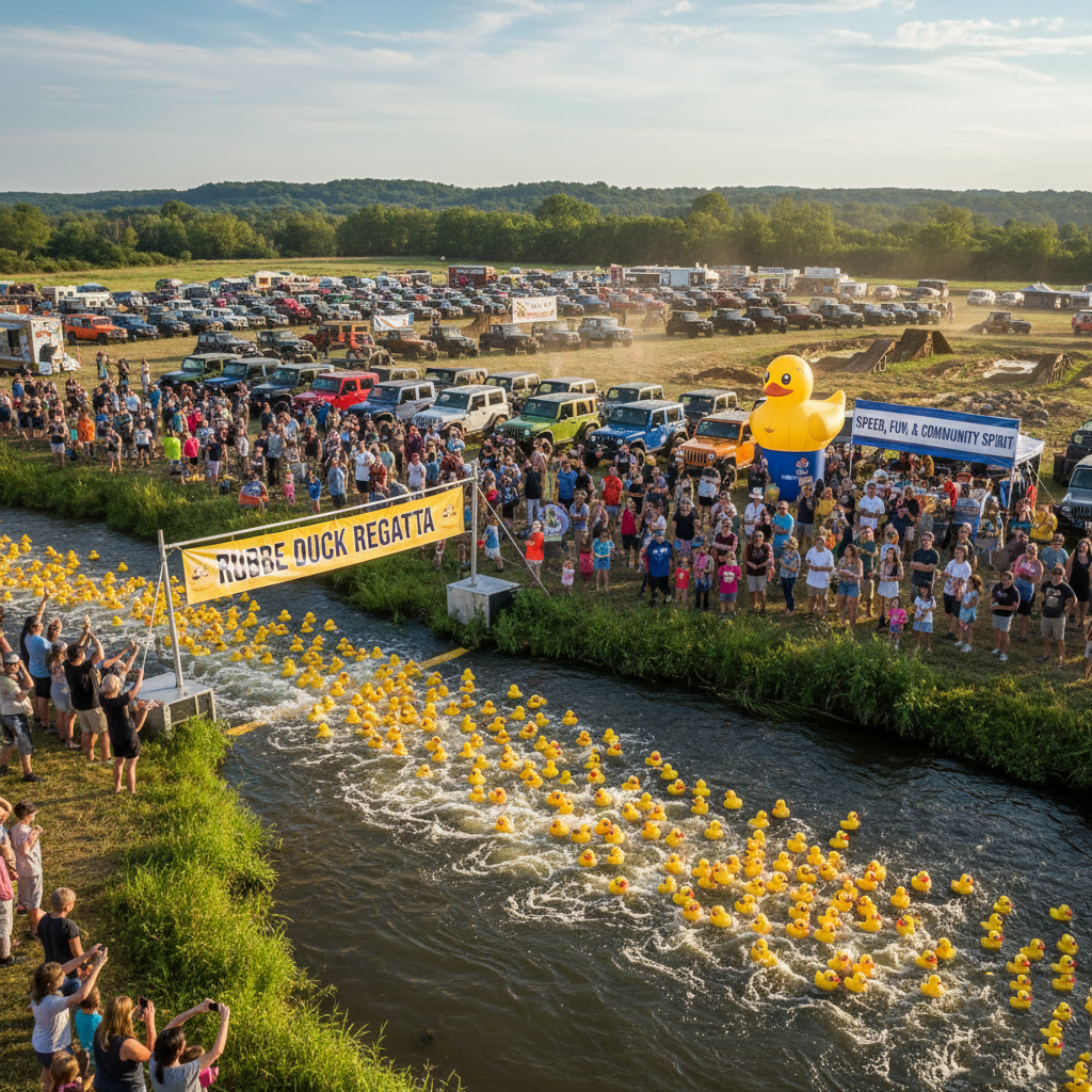 Aerial view of a river filled with racing rubber ducks during the Rubber Duck Regatta event with spectators cheering