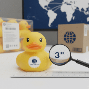 3-inch custom rubber duck shown with ruler and magnified size indicator, ideal for promotional branding and standard wholesale sizing