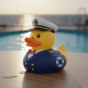 Custom captain rubber duck in nautical uniform placed beside a pool at sunset, ideal for cruise-themed gifts and collectibles