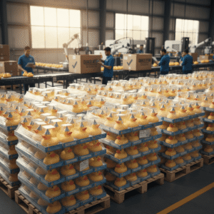Rubber ducks packed on pallets for wholesale shipment, photographed inside a manufacturing facility