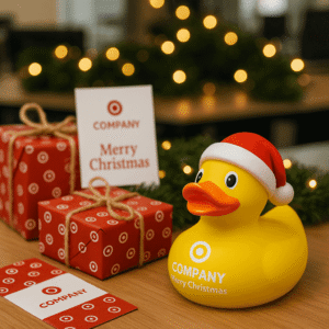 Custom Christmas rubber duck with Santa hat and company logo placed next to holiday gift boxes