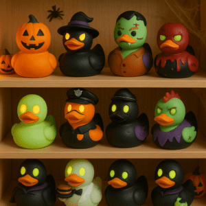 Halloween themed rubber duck collection featuring pumpkin, witch, zombie, and monster designs on shelf