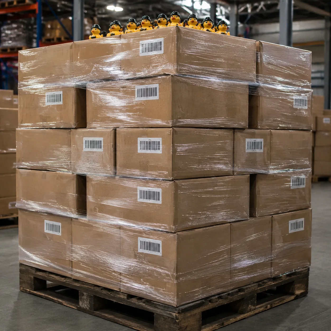 Hyper-realistic commercial photography, bulk boxes of custom rubber ducks for jeeps stacked on a pallet in a warehouse, shrink-wrapped bundles with MOQ labels visible as barcodes only, cool industrial lighting, organized logistics setting, no text, no brand logo.