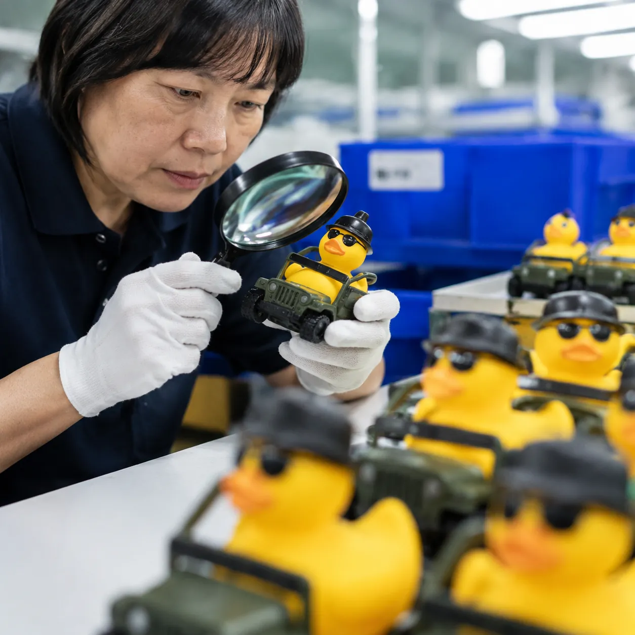 Hyper-realistic inspection photography, a quality control inspector in white gloves examining a rubber duck for jeeps under a magnifying glass, factory environment with multiple ducks on a clean table, bright overhead lights, focus on the duck and inspection process, no text, no brand logo.