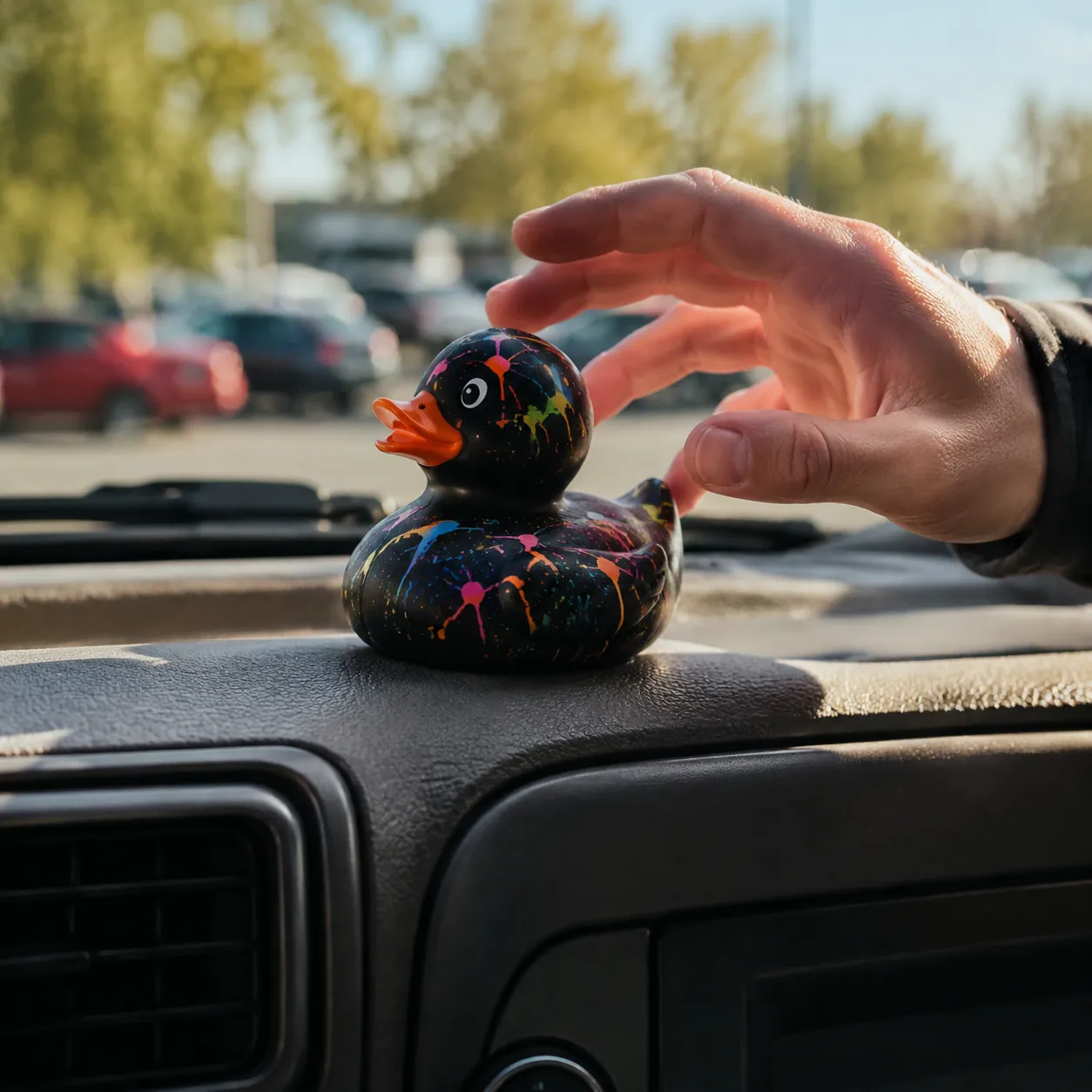 Hyper-realistic product photography, a branded rubber duck displayed on a Jeep dashboard with natural sunlight coming from the side, a passerby's hand reaching out to admire it, blurred background of a parking lot, high detail on duck surface, no text, no brand logo
