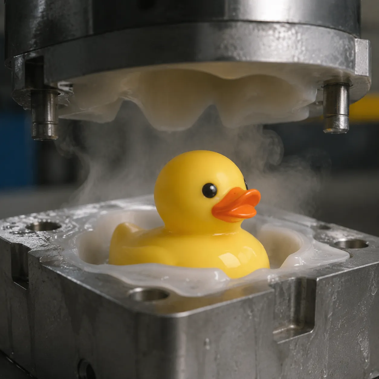 Hyper-realistic product photography, a close-up of a rubber duck emerging from a silicone injection mold with steam rising, industrial lighting, clean composition, no text, no brand logo