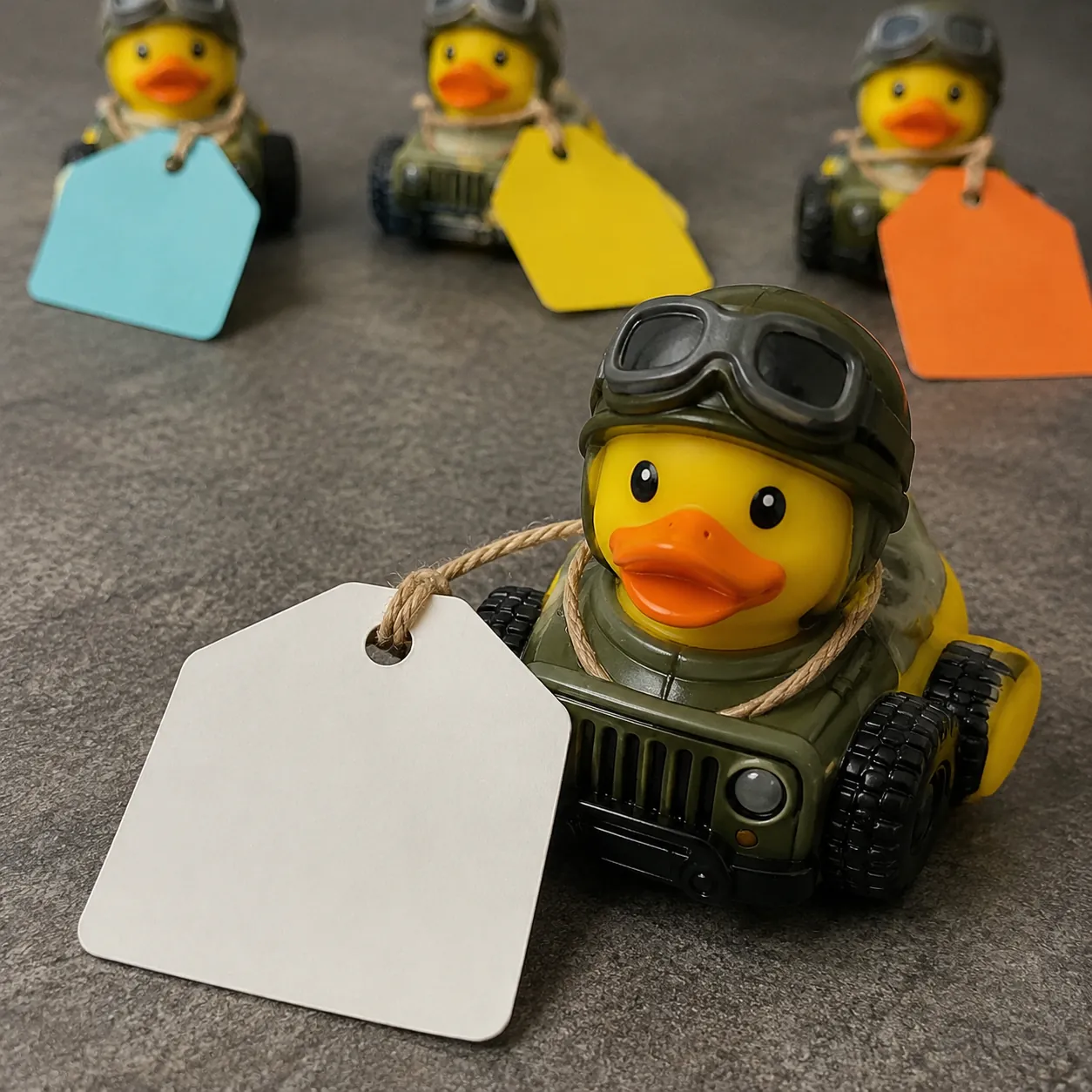 Hyper-realistic product photography, a custom rubber duck for jeeps with a detachable 'Write Your Own' tag attached by string, multiple ducks with different colored tags in the background, soft overhead lighting, clean composition emphasizing tag and duck detail, no text, no brand logo.
