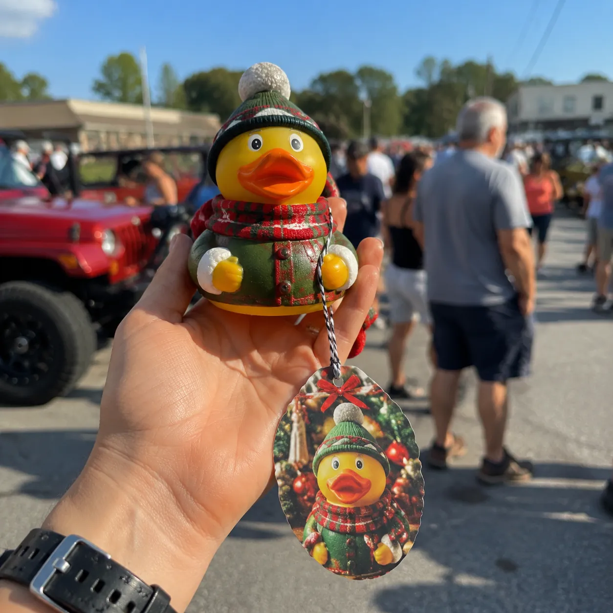 Hyper-realistic product photography, a hand holding a custom rubber duck with a festive hangtag in front of a blurred crowd at a Jeep event, natural daylight, clean composition, no text, no brand logo