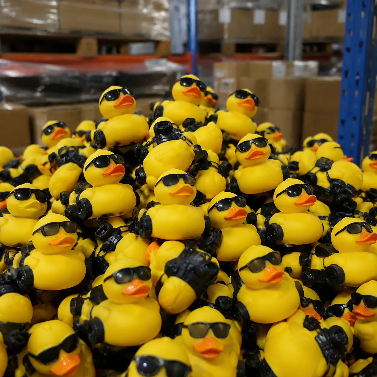 Hyper-realistic product photography, a pile of identical custom rubber ducks for jeeps stacked in a warehouse setting, soft ambient light, clean composition, no text, no brand logo