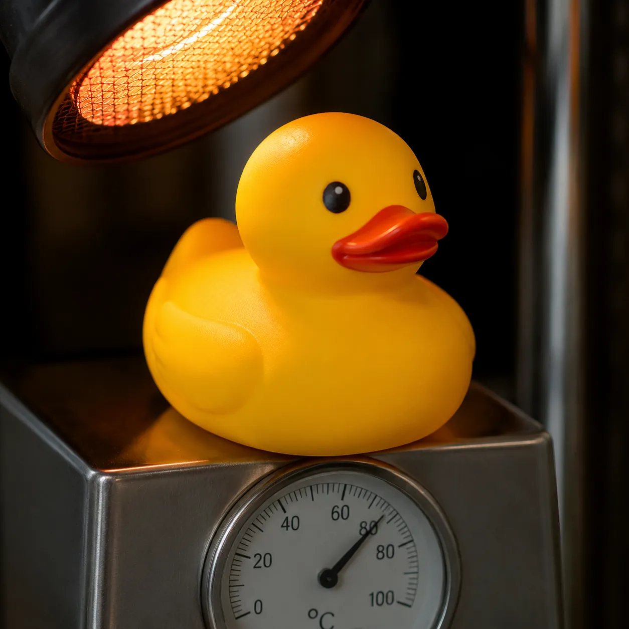 Hyper-realistic product photography, a rubber duck placed on a thermometer next to a heat lamp test showing 70C resistance, macro detail of duck surface texture, clean composition, no text, no brand logo