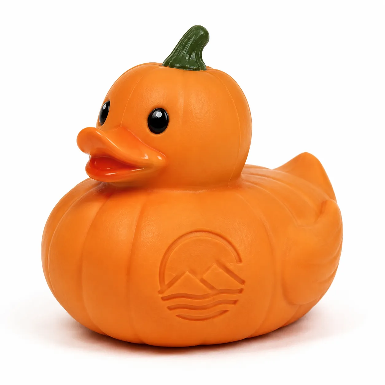 Hyper-realistic product photography, a rubber duck shaped like a pumpkin with a custom logo debossed on its side, isolated on a white background, bright overhead lighting, clean composition, no text, no brand logo