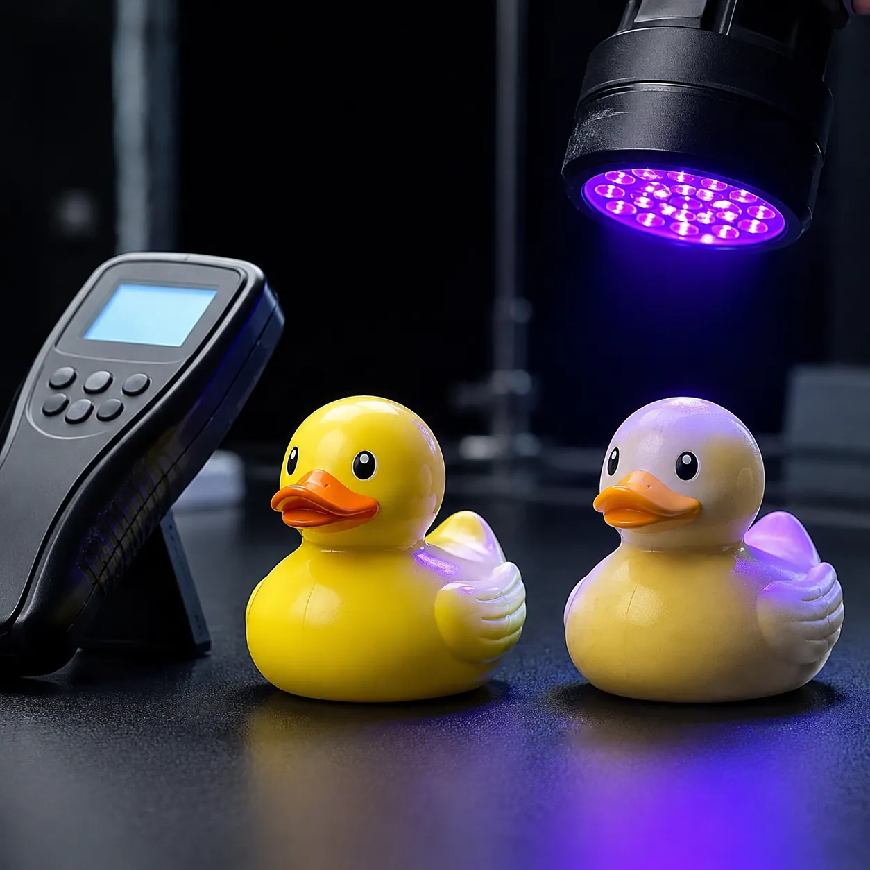 Hyper-realistic product photography, close-up comparison of two rubber ducks for jeeps, one vibrant and one faded yellow under UV light, a UV tester beside them, professional laboratory lighting, sharp focus on material texture and color difference, no text, no brand logo.