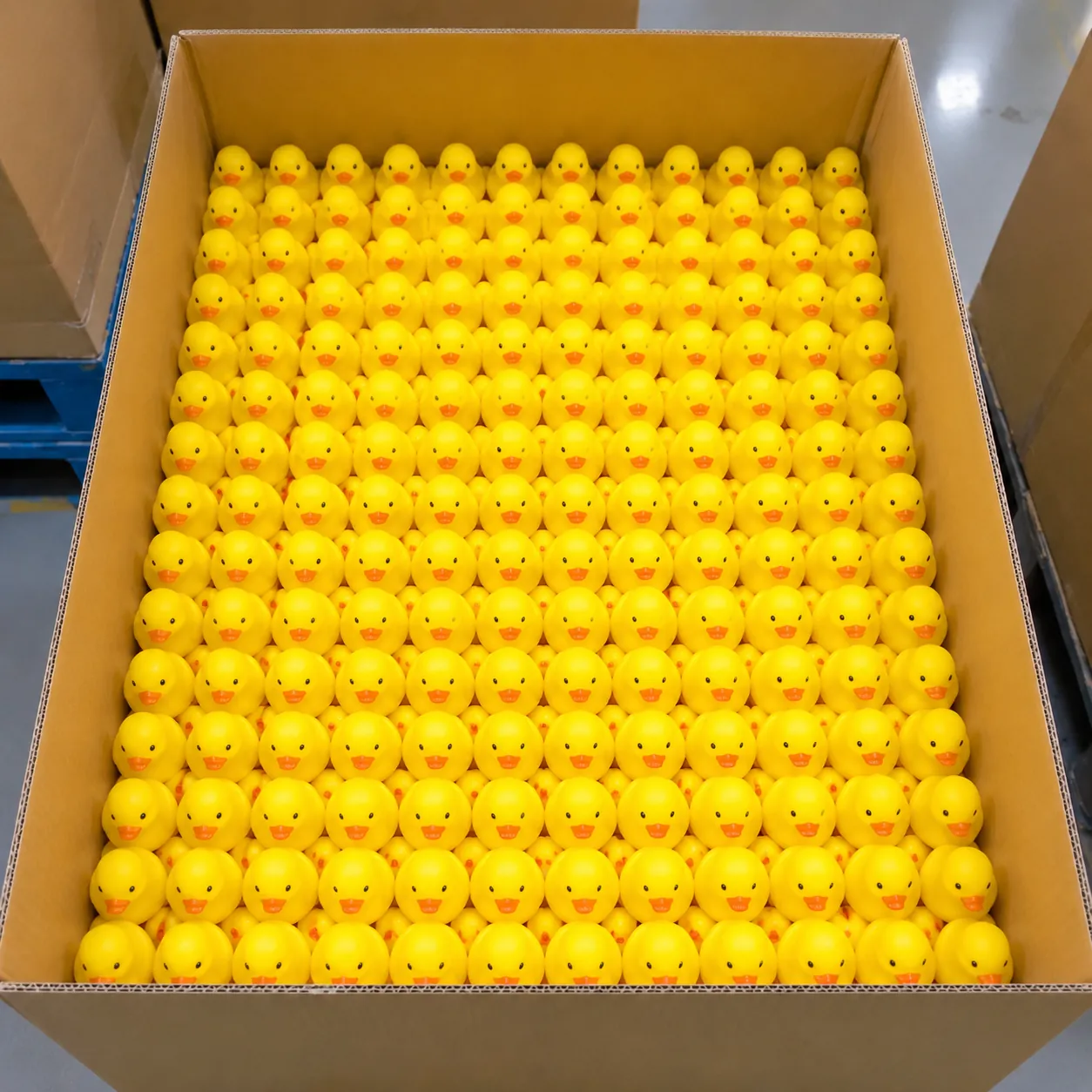 Hyper-realistic product photography, hundreds of identical yellow rubber ducks packed in organized rows inside a cardboard box, top-down view, crisp daylight from above, industrial warehouse background slightly out of focus, no text, no brand logo