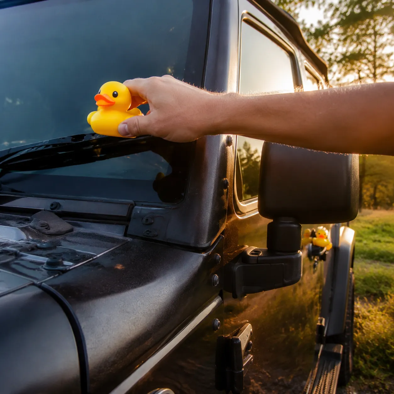 Hyper-realistic product photography, one hand holding a vibrant rubber duck about to place it on the windshield wiper of a parked Jeep, another duck already resting on the driver's door handle, golden hour sunlight, dynamic action shot, no text, no brand logo