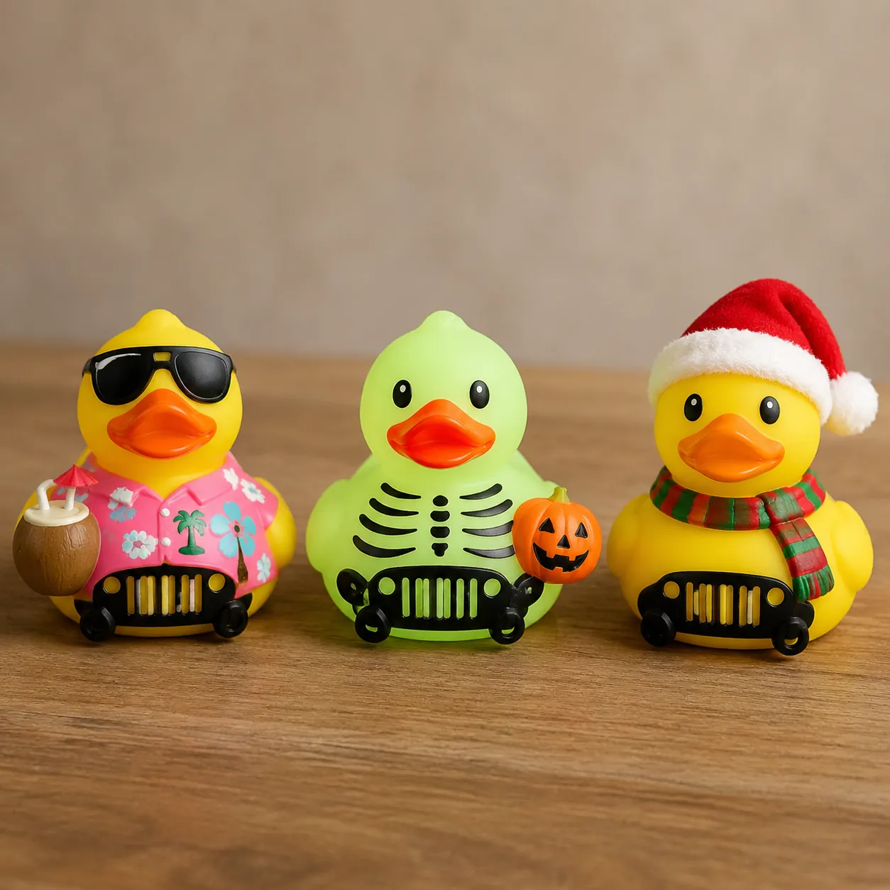 Hyper-realistic product photography, three seasonal rubber ducks for jeeps arranged on a wooden table a summer duck with sunglasses, a Halloween glow-in-the-dark duck, and a Christmas Santa-hat duck, soft studio lighting, clean composition, no text, no brand logo