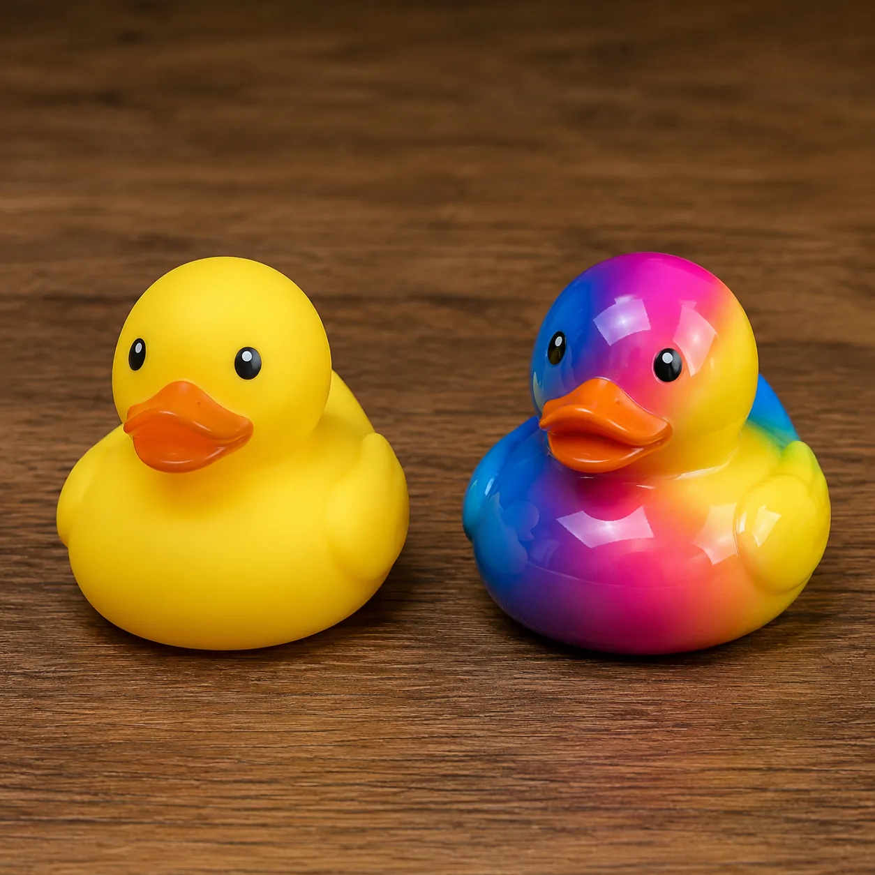 Hyper-realistic product photography, two rubber ducks placed on a clean wooden surface, left duck plain matte yellow with simple mold lines, right duck glossy with vibrant CMYK gradient print pattern, side-by-side contrast, soft studio lighting, no text, no brand logo