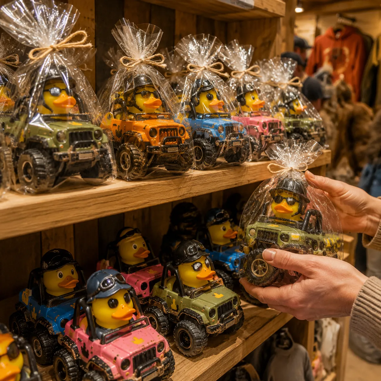 Hyper-realistic retail photography, a souvenir shop shelf display featuring themed rubber ducks for jeeps with off-road decals and tire textures, warm ambient lighting, customers reaching for ducks, gift-ready individual wrappings, high sell-through atmosphere, no text, no brand logo.