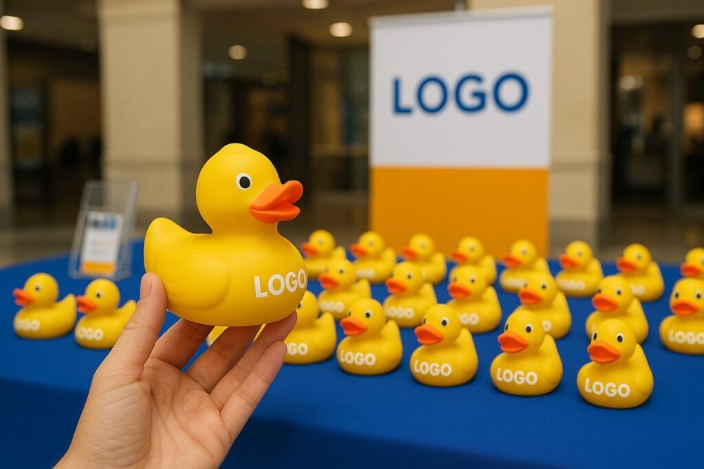 LZENGO custom logo rubber ducks for brand launch campaign and press kit giveaways