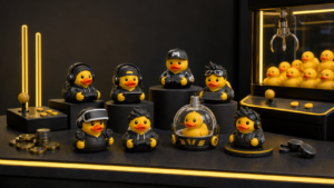 Gaming and arcade themed rubber ducks with claw machine prize concept
