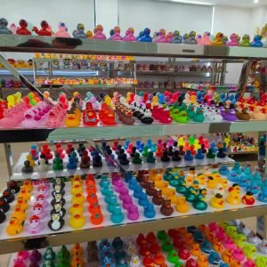 metal shelves filled with colorful rubber duck collections